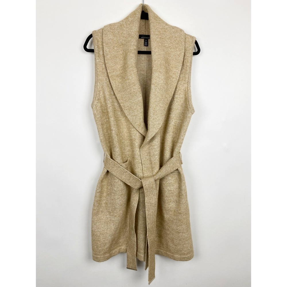 White House‎ Black Market Belted Shawl Collar Knit Vest Women Medium Tan Luxury